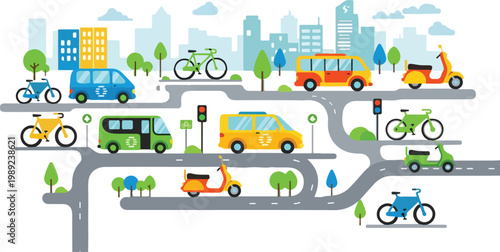 Sustainable urban transport vector, eco-friendly city traffic with electric buses and bicycles, green mobility infrastructure and smart city commute