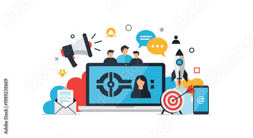 Comprehensive digital marketing strategy concept with laptop, startup rocket, target, megaphone, and various communication icons.