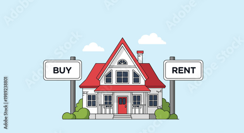 Real estate decision concept showing a residential house flanked by buy and rent signage options for potential homeowners.