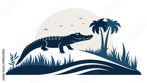 A minimalist vector graphic of a crocodile silhouette in a tropical landscape