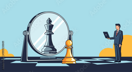 Business strategy and self-improvement concept where a pawn sees its reflection as a king in a large mirror.