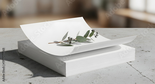 Minimalist Mockup Scene with a Eucalyptus Sprig on a Stack of White Paper