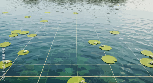 Abstract water surface with lily pads and digital grid, surreal pond landscape with floating lotus leaves, futuristic aquatic environment vector