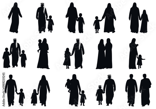 Middle Eastern Family Silhouette Collection - Arabic People in Traditional Attire Set
