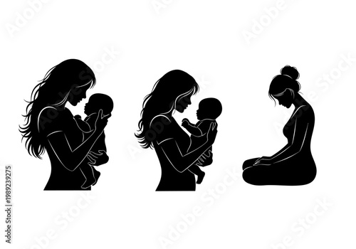 Mother and Baby Silhouettes Vector Set - Maternal Love and Parenting Concept Illustrations