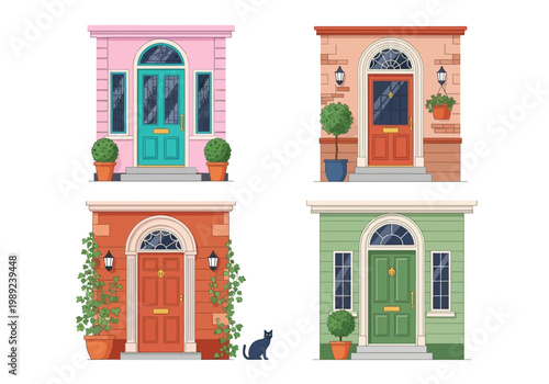 Set of Four Decorative Front Doors Illustration, Colorful Residential House Entrances with Potted Plants, Architectural Exterior Design Elements