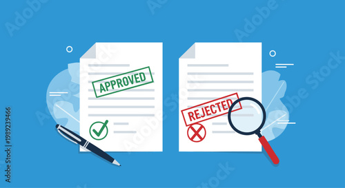 Business application review and decision concept showing two documents with approved and rejected status stamps.