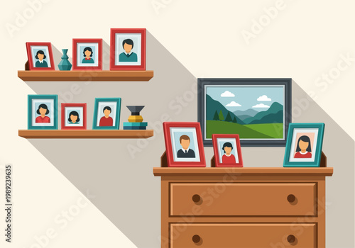 Flat Vector Illustration of Family Portrait Frames Displayed on Wooden Shelves and Dresser in a Cozy Home Interior