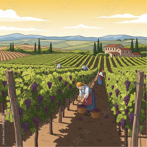 Vineyard Workers Harvesting Grapes in the Field.