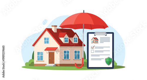 Comprehensive home insurance policy concept with a residential house protected by a large red umbrella and a verified coverage document.