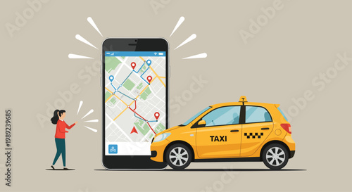 Mobile taxi booking application showing a map with route markers and a yellow cab arriving for a passenger using her smartphone.