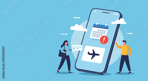Travel booking and flight scheduling on a mobile platform featuring passengers managing their itinerary with a calendar and aircraft icon.
