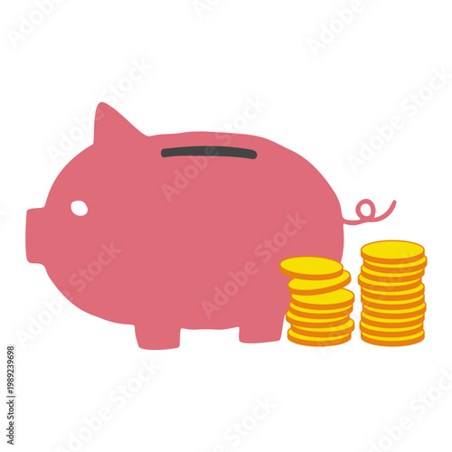 piggy bank ピンクのぶたの貯金箱と積み上げたコインのイラスト　蓄財のイメージ素材