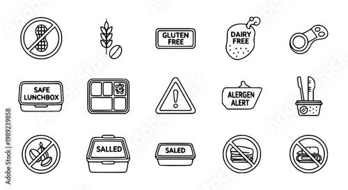 Allergy safe lunchbox icons with peanut free gluten free dairy free labels and food safety vector