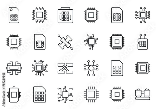 Set of 24 technology icons featuring microchips, SIM cards, and computer processors in minimalist line art style for web and mobile UI design.