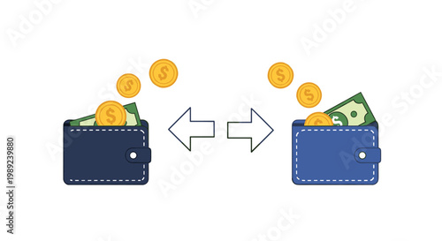 Financial transaction and money transfer concept showing coins moving between two wallets with bidirectional arrows on a clean background.