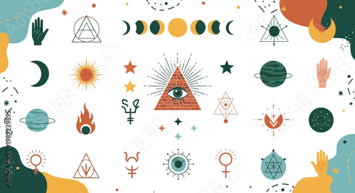 Mystical Esoteric Symbols Set with All Seeing Eye and Celestial Elements