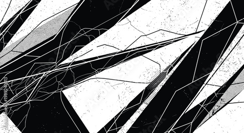 Black and white abstract composition with geometric shapes and cracks