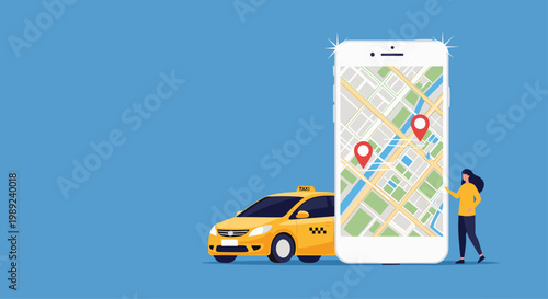 Convenient urban transportation featuring a woman booking a yellow taxi through a mobile navigation app on her smartphone.