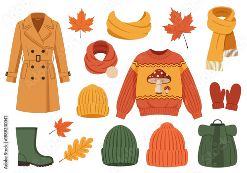 Autumn and Winter Clothing Collection Set featuring Trench Coat, Mushroom Sweater, Beanies, Scarves, and Accessories. Flat Vector Illustration for Seasonal Fashion.