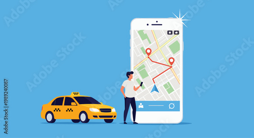 Ride-hailing service illustration showing a man using a smartphone app to track a nearby yellow taxi cab on a city map.