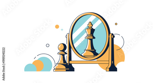 Personal growth and ambition concept where a small chess pawn looks into a mirror and sees its potential reflection as a king.