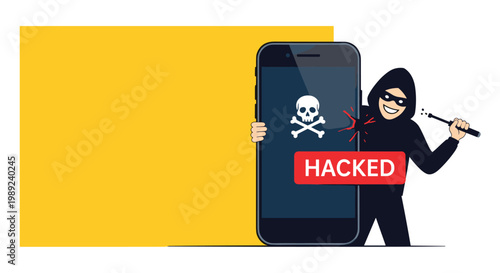 Mobile phone security breach and cybercrime concept featuring a hacker thief next to a smartphone showing a hacked warning and skull icon.