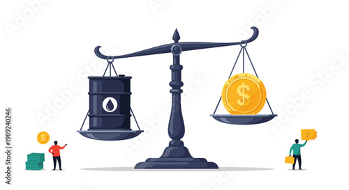Global energy economics concept featuring a balance scale weighing a black oil barrel against a large gold dollar coin.