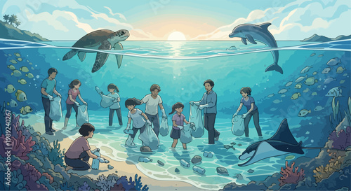 Ocean conservation vector illustration, volunteers cleaning beach and sea, marine life protection with sea turtle and dolphin, environmental awareness