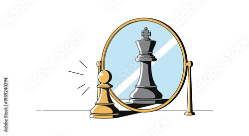 Metaphor for potential and aspiration showing a humble chess pawn reflecting as a powerful king in a circular standing mirror.