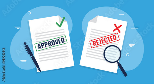 Comparative view of document status with one paper stamped approved with a green check and another rejected with a red cross.