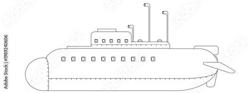 Submarine Illustration: a detailed black and white illustration of a submarine, showcasing its design and structure.