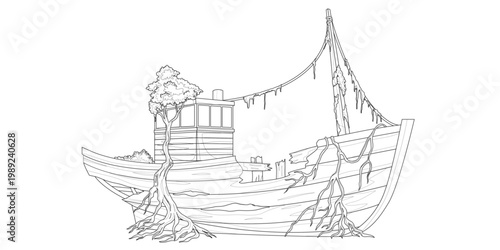 Abandoned Boat Amidst Roots: An aged vessel rests, entwined by resilient roots and vines, a poignant reminder of nature's reclaimation and the passage of time. 