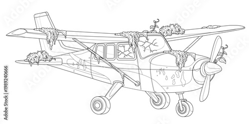 Dilapidated Aircraft: A line art illustration depicts an old, dilapidated aircraft. This image evokes feelings of abandonment and the passage of time.