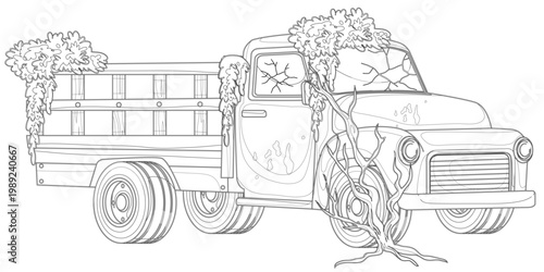 Forgotten Relic: An aged pickup truck, reclaimed by the elements, stands as a testament to time's passage and nature's enduring power. The vehicle, now adorned with encroaching vegetation.