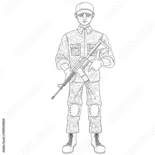 Soldier with Weapon Illustration: A soldier stands tall, embodying strength and duty, holding a weapon with focused determination and readiness.