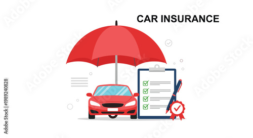 Red car protected by an umbrella next to an insurance checklist and pen represents comprehensive vehicle coverage and safety policy.