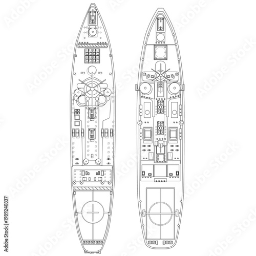 Top View of Naval Ship Blueprint: A detailed technical blueprint showcasing the top-down perspective of a naval warship, highlighting the intricate design and layout of the vessel.