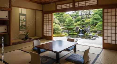Traditional Japanese Room With Sliding Doors Opening To Lush Zen Garden And Waterfall Tranquil Ambiance
