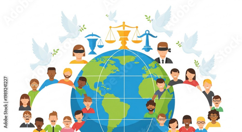 Diverse people around the globe with doves and justice scales symbolizing international peace unity and human rights flat vector illustratio