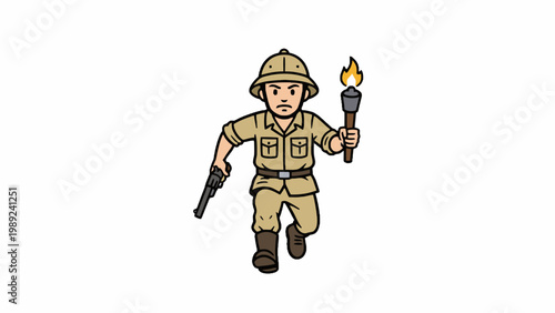Man hiker walking with backpack and muddy boots illustration