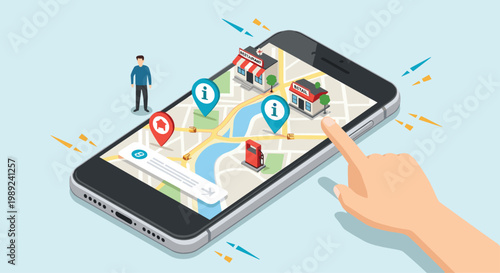 Finger touching a digital map on a smartphone screen showing local businesses and locations for navigation and city exploring services.