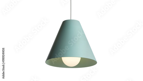 Fotografi Modern minimalist teal pendant lamp with glowing spherical bulb, isolated on tra