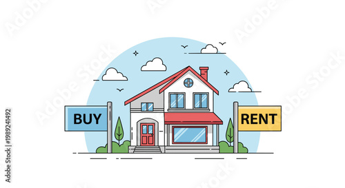 Real estate concept with a family home and signs for buying or renting against a blue sky background for property market advertising.
