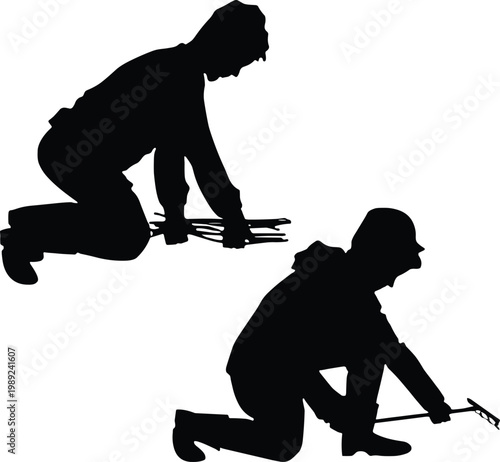 Black Silhouette of Professional Floor Installers or Tilers Kneeling and Working with Specialized Tools Isolated on White Background for Interior Renovation and Construction Design