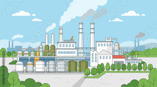 Industrial factory complex illustration, smokestacks with smoke, storage tanks, pipes, buildings, environmental impact, manufacturing infrastructure, cloudy sky scene
