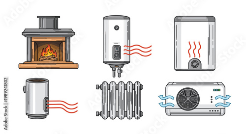 Collection of home heating and cooling appliance icons including radiators, boilers, air conditioners, and fireplaces for domestic comfort.