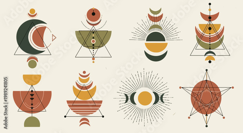 Boho Celestial Geometric Symbols Set with Moon Phases and Sacred Geometry Elements