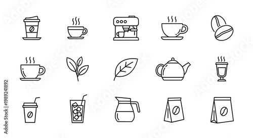 A collection of minimalist outline icons representing various coffee and tea beverages, brewing equipment, and related items.
