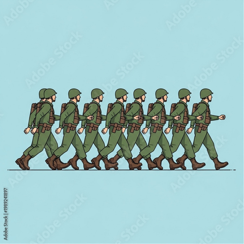 Soldiers marching in unison green uniforms.